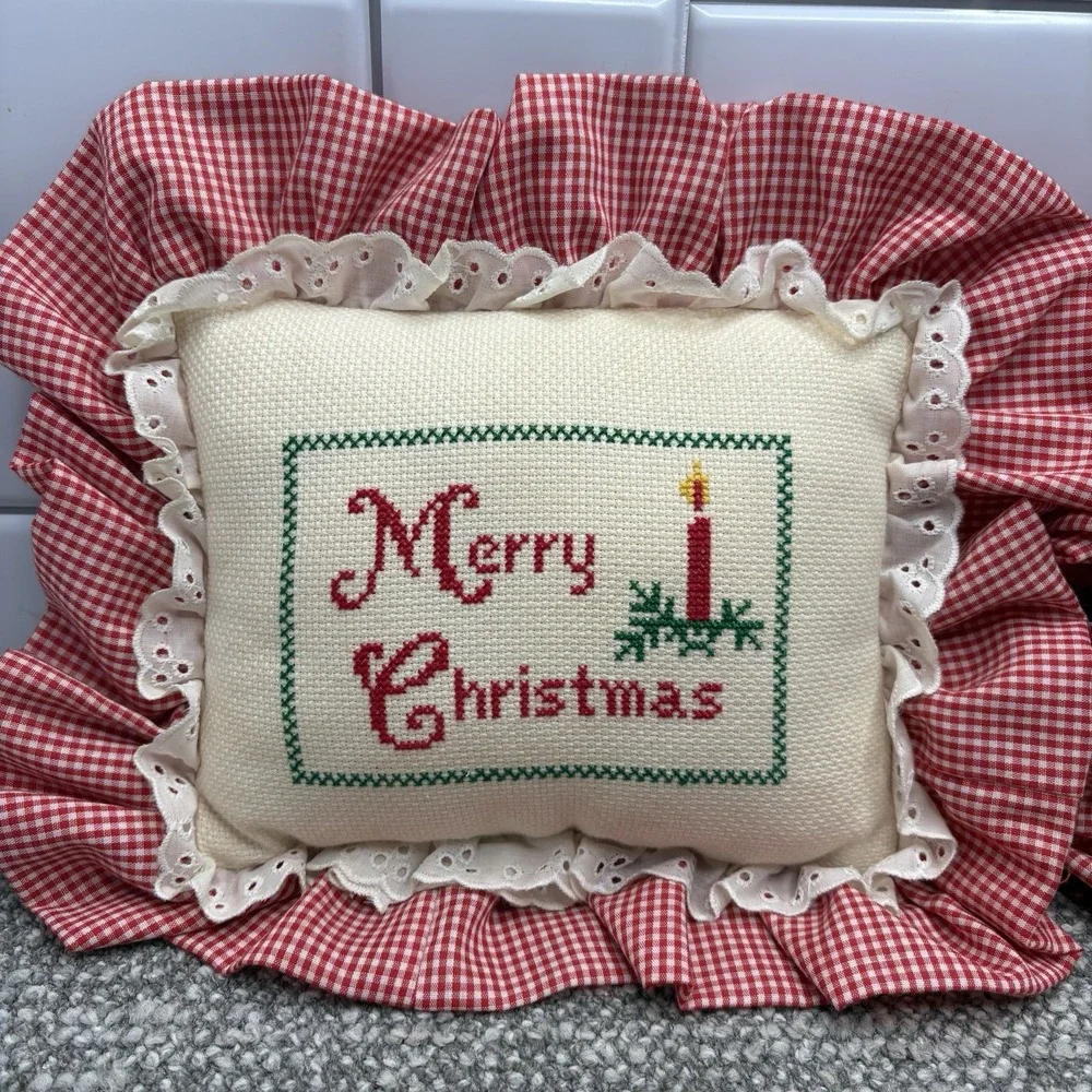 Cross Stitch Pillows Merry Christmas Set Of 2 VTG Gingham Red Trim Throw Pillows